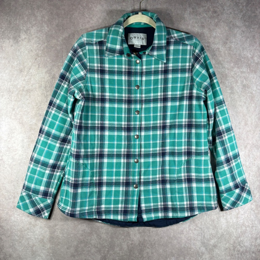 Orvis Shirt Jacket Womens M Green Classic Collection Plaid Fleece Lined Snap